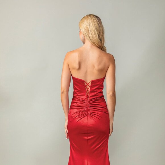 New Strapless Long Soft Satin Dress w/ Rhinestones & Gathered Waistline DQ 4407 - Picture 6 of 8